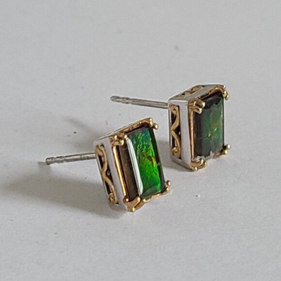 Gems En Vogue Palladium Silver Gold Plate Ammolite Gemstone Square Stud Earrings - Picture 4 of 14